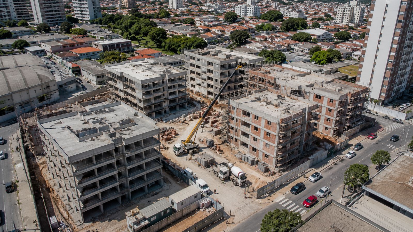 Aerolevantamento de canteiro de obras com prédios em construção