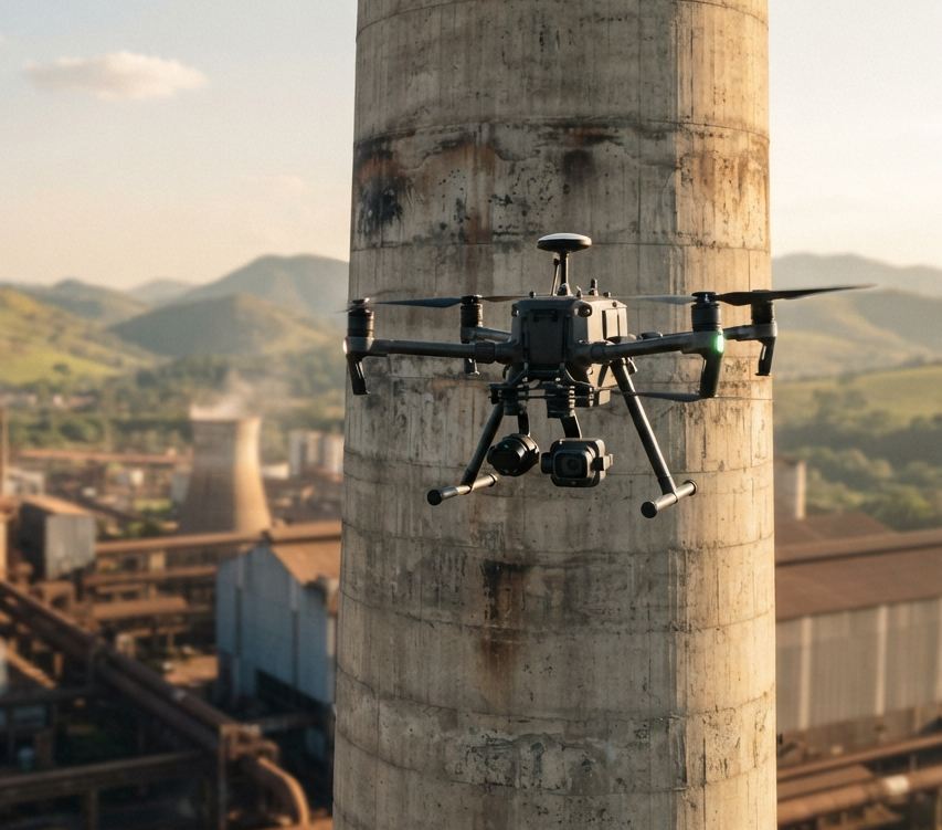 Drone inspecionando chaminé de planta industrial