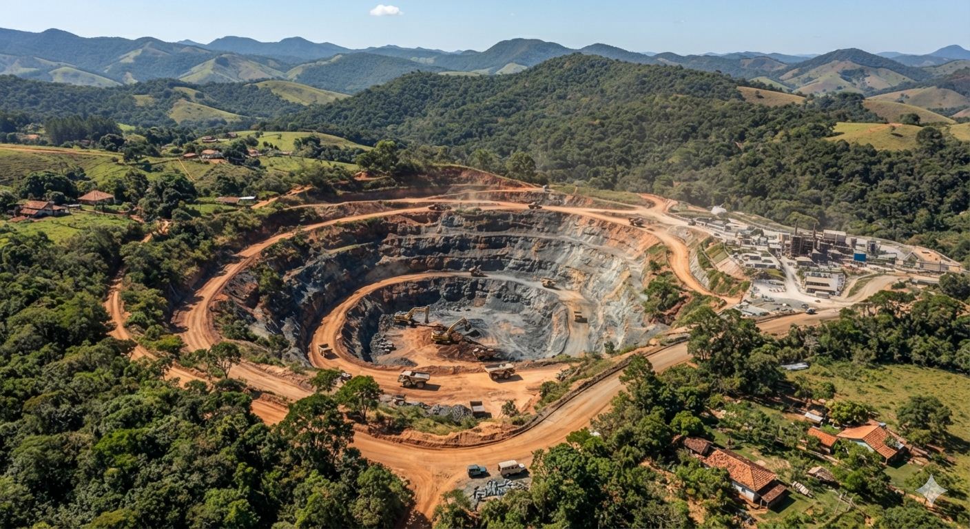 Vista aérea de cava de mineração a céu aberto